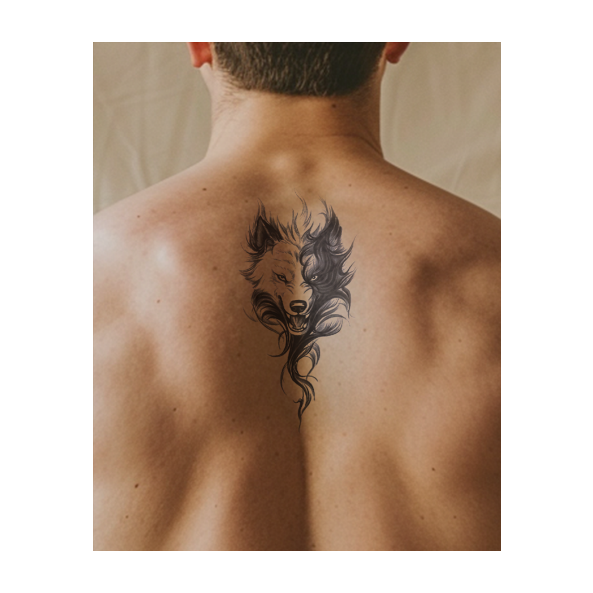 Un volto di lupo bianco e nero con pelliccia fluente che fonde luce e ombra. Questo tatuaggio realistico illustra lo spirito del lupo, forte e selvaggio, pronto a proteggere.