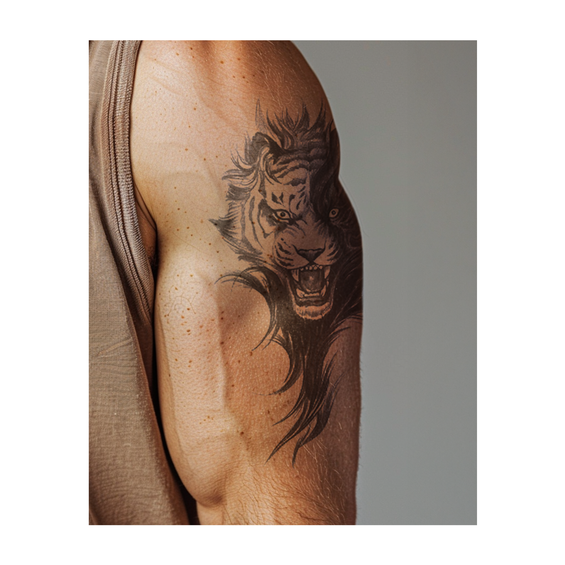 Il muso di una tigre bianca e nera ruggisce, con la pelliccia infuocata che si estende su tutto il corpo. Questo tatuaggio realistico rivela i lati chiari e scuri della tigre, con uno sguardo penetrante pronto a proteggerla e a rivelarne il coraggio.