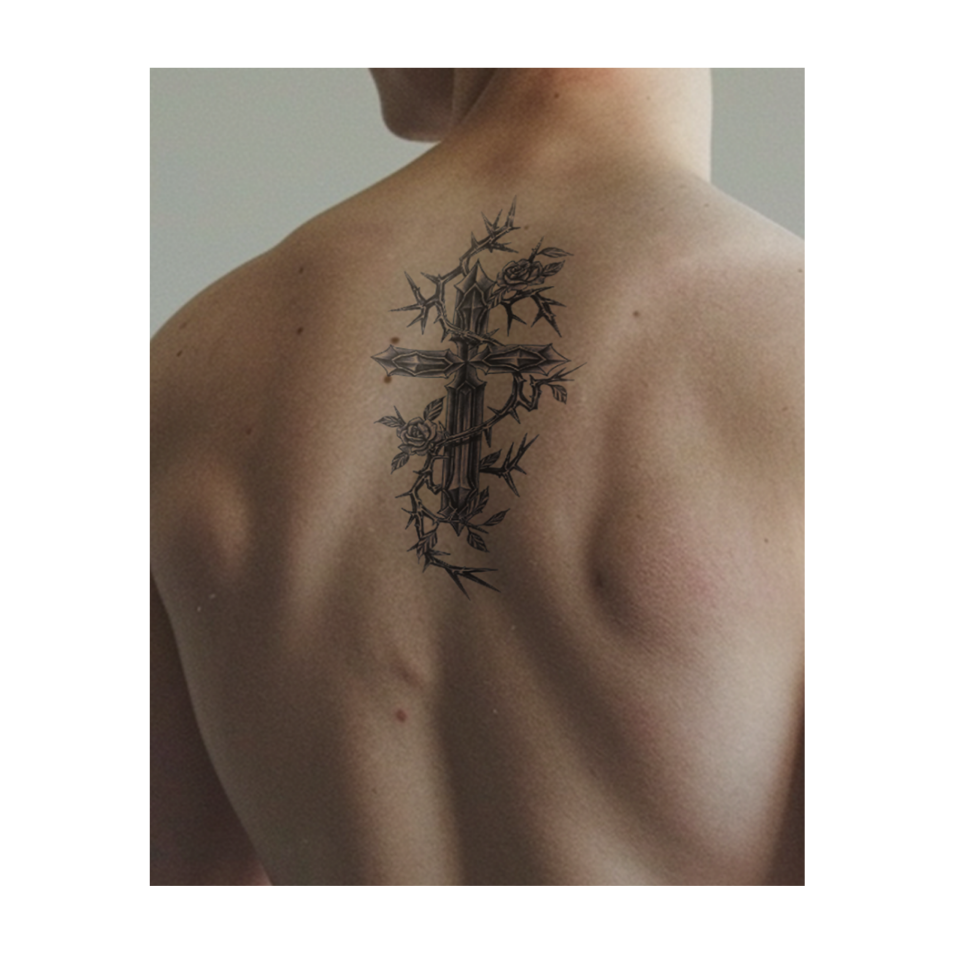 Una croce di metallo appuntita, circondata da tralci spinosi e rose in fiore. Questo tatuaggio realistico rappresenta fede e forza, con le spine e i fiori che simboleggiano sia il dolore che la bellezza.
