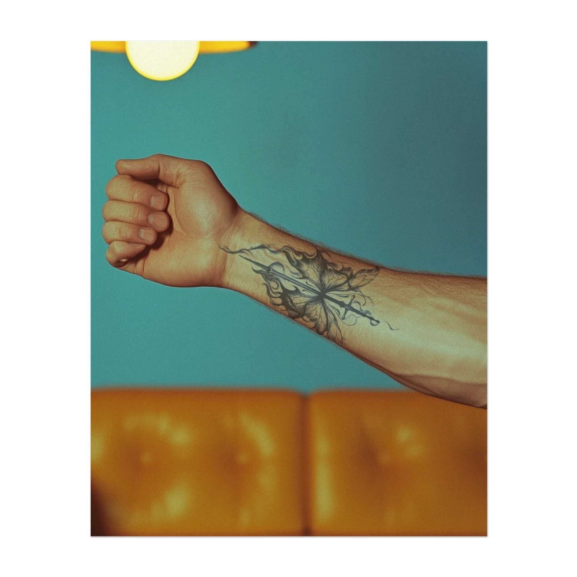 Una graziosa farfalla con ali di fiamme luminose e fluenti, incentrata su una spada. Il tatuaggio unisce delicatezza e forza, simboleggiando trasformazione e resilienza, mentre la spada fende il fumo della battaglia.