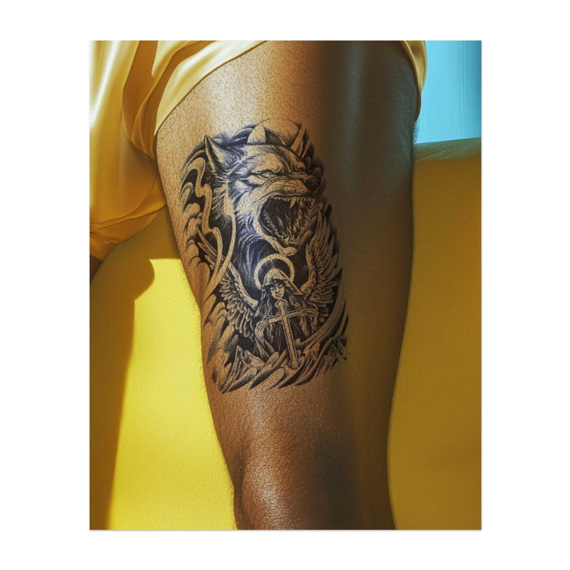 Un lupo spaventoso ruggisce sullo sfondo di un angelo che regge una croce, mentre montagne e nuvole vorticose si vedono sullo sfondo. Il tatuaggio rappresenta il contrasto tra potere e protezione e mostra l'equilibrio tra forza e pace.