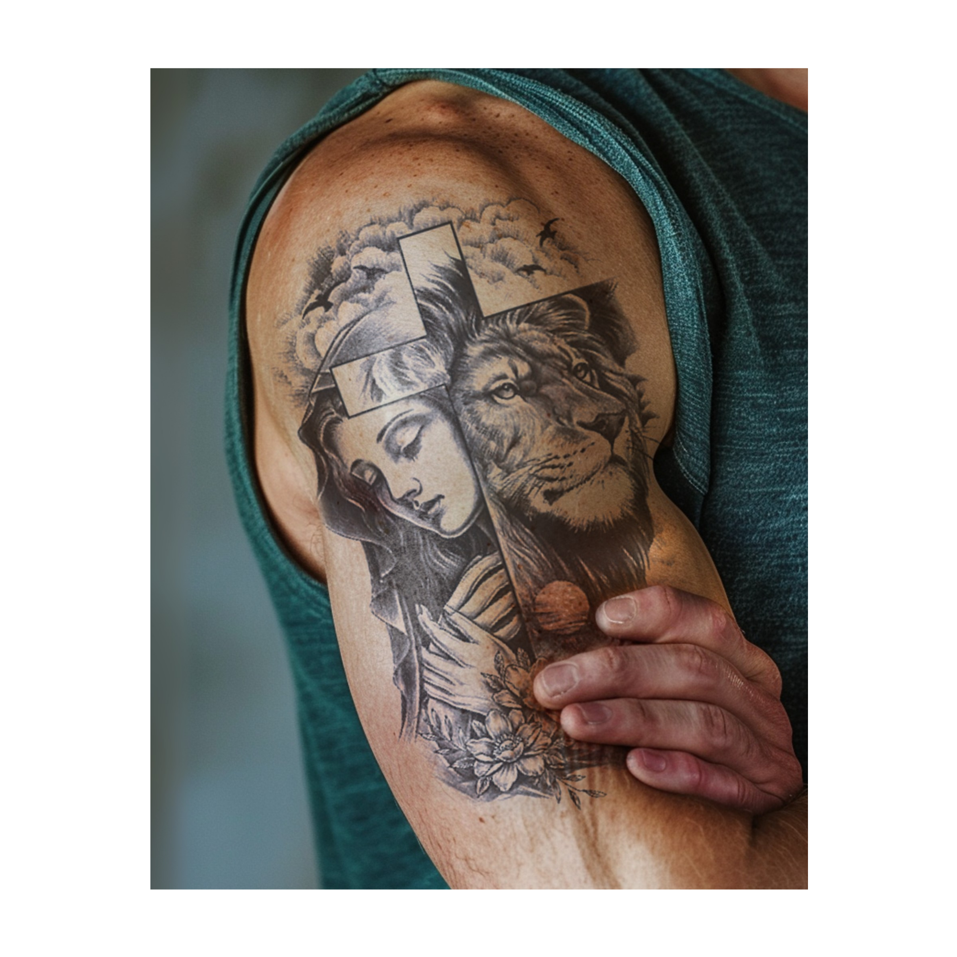 Una donna gentile adornata di fiori prega accanto a un leone sereno sotto una croce tra le nuvole. Questo tatuaggio realistico rappresenta fede, forza e pace, con un tramonto e piccole croci sottostanti.