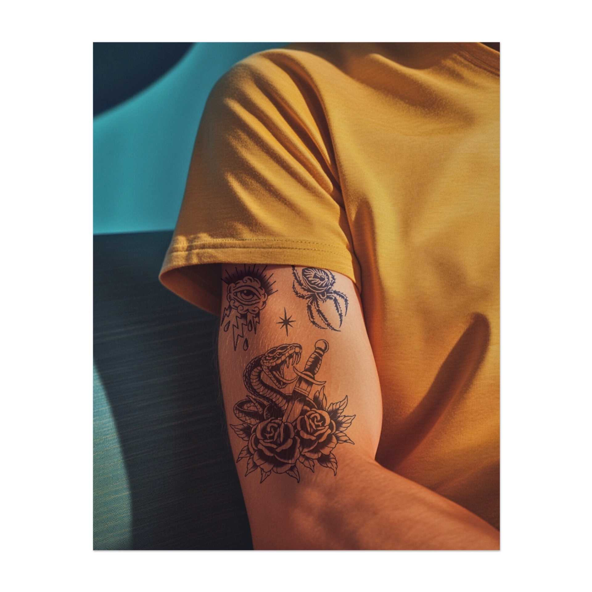 Una serie di disegni audaci: un occhio con un fulmine che simboleggia la comprensione, un ragno dettagliato che simboleggia la pazienza e un serpente avvolto attorno a delle rose, che unisce forza, pericolo e bellezza.