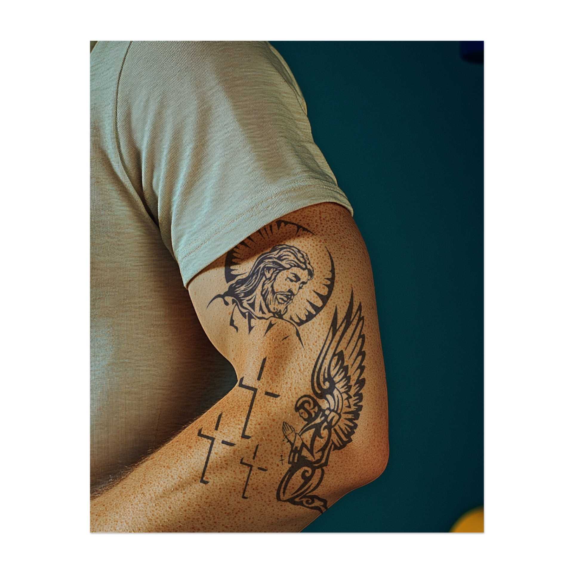 Un insieme di simboli cristiani: il volto di Gesù con l'aureola, un angelo alato in preghiera e diverse croci. Ogni simbolo rappresenta fede, preghiera e protezione divina, trasmettendo forza e guida spirituale.