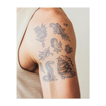 Un set di classici simboli nautici: un pappagallo volante, un teschio, una nave, un serpente, una camicia da marinaio e un drago. Questi tatuaggi rappresentano l'avventura, la libertà e lo spirito del mare, combinando immagini potenti con temi senza tempo di scoperta e pericolo.