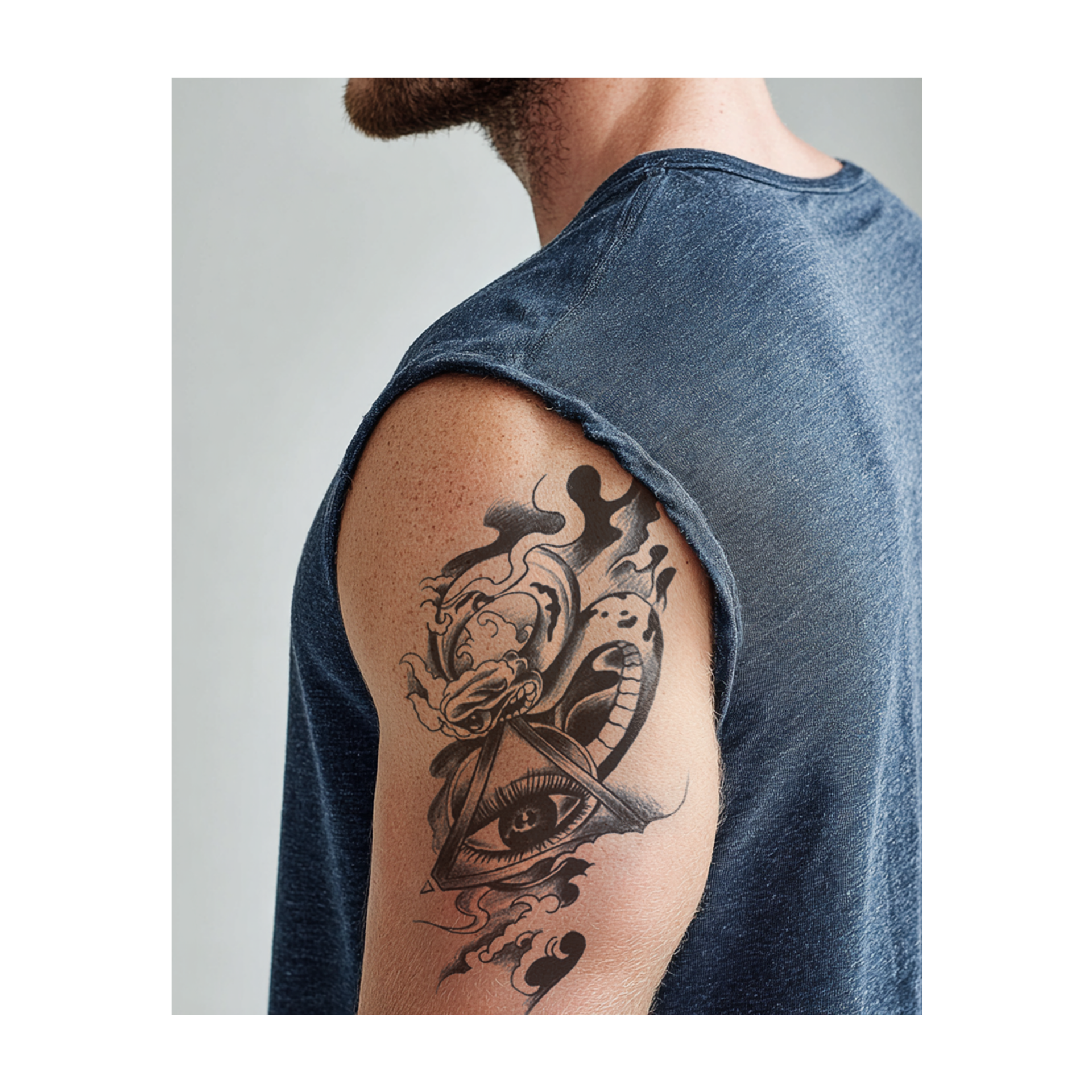 Un drago circondato da nuvole volteggia sopra un occhio onniveggente, all'interno di un triangolo. Questo tatuaggio neotradizionale evoca mistero, potere e saggezza con le sue ombre audaci e il fumo fluttuante.