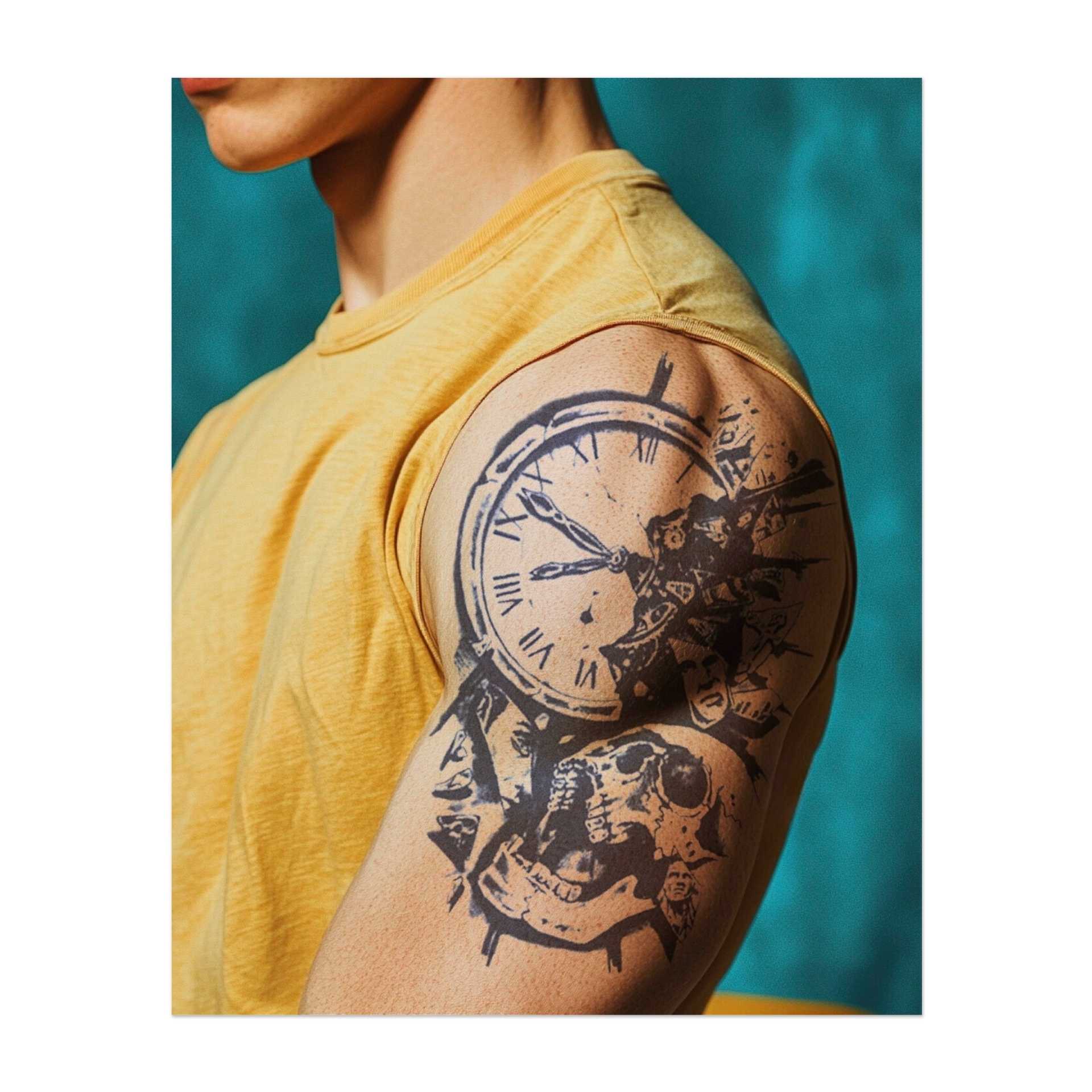 Un tatuaggio drammatico raffigurante un teschio e un orologio, dove il tempo sembra interrompersi. Rappresenta l'inesorabile scorrere del tempo e la certezza della morte. Un disegno potente e riflessivo per chi riflette sulla transitorietà della vita.