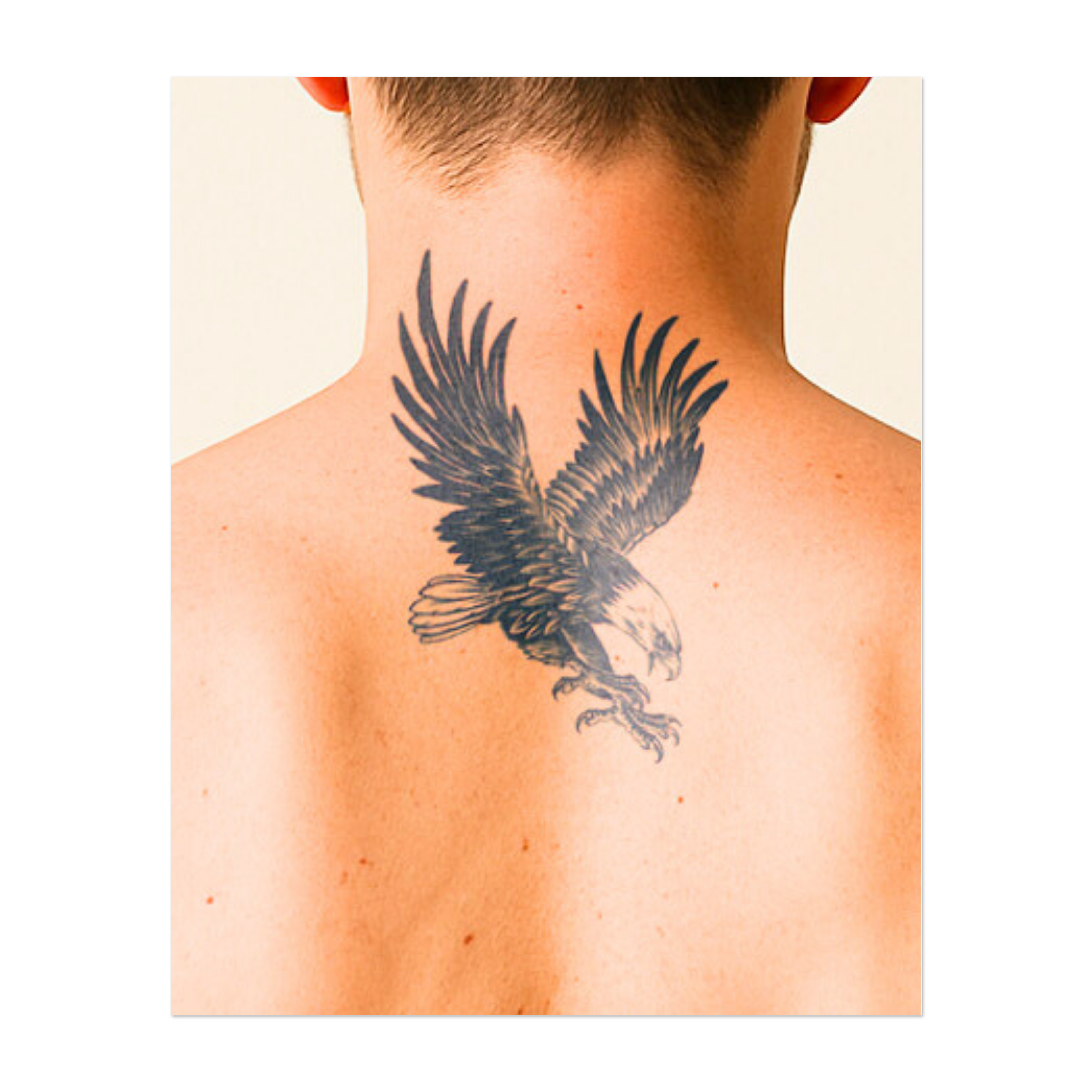 Un'aquila maestosa con le ali spiegate, pronta a piombare giù. Questo tatuaggio simboleggia libertà, forza e visione, catturando la potenza e la grazia dell'aquila in volo. Un disegno perfetto per chi apprezza l'indipendenza e la ricerca della grandezza.