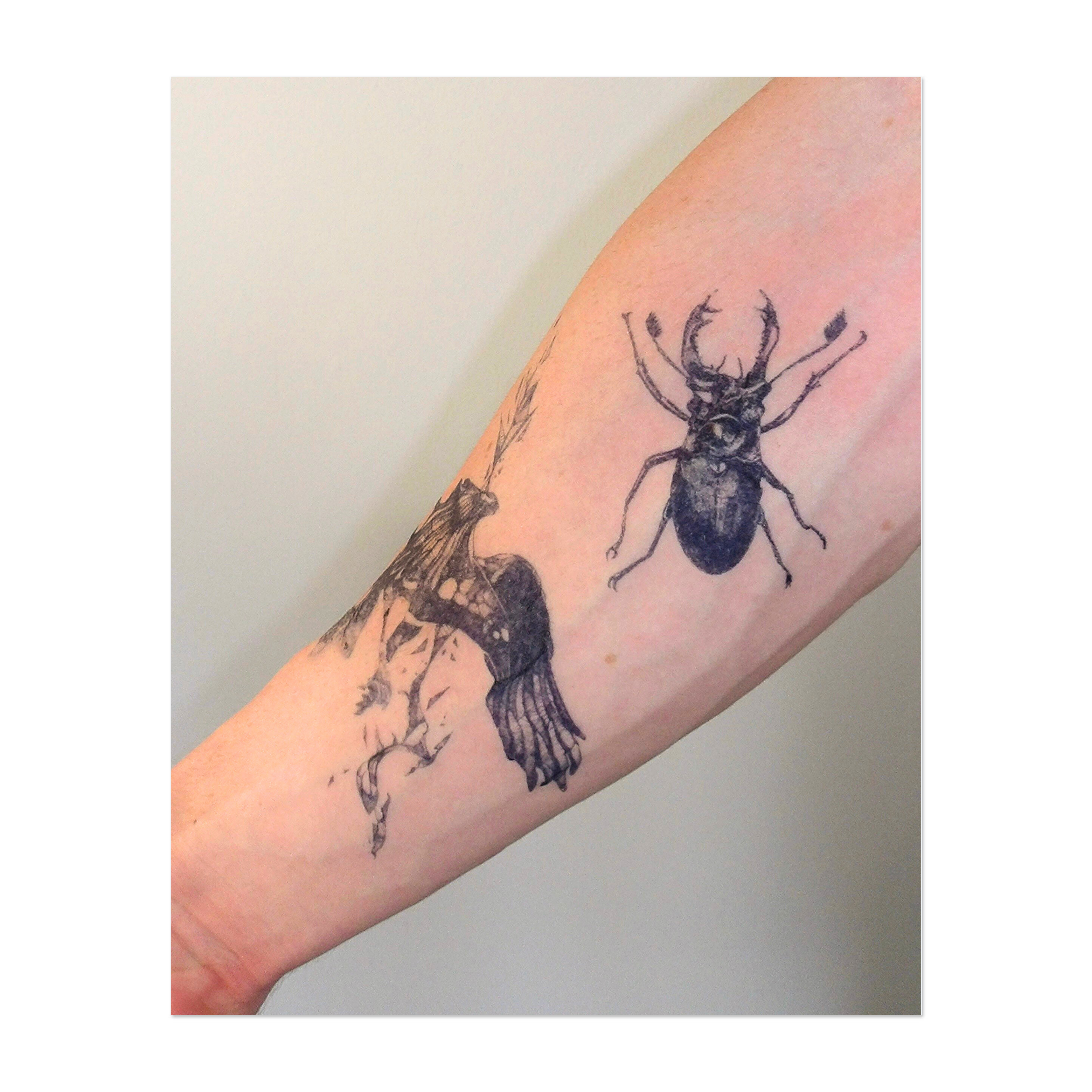 Un delicato tatuaggio raffigurante uno scarabeo volante e un uccello che volteggia nell'aria, entrambi immersi nella natura. Lo scarabeo simboleggia la trasformazione, mentre l'uccello simboleggia la libertà e la crescita. Un disegno perfetto per chi è connesso alla natura e al cambiamento.