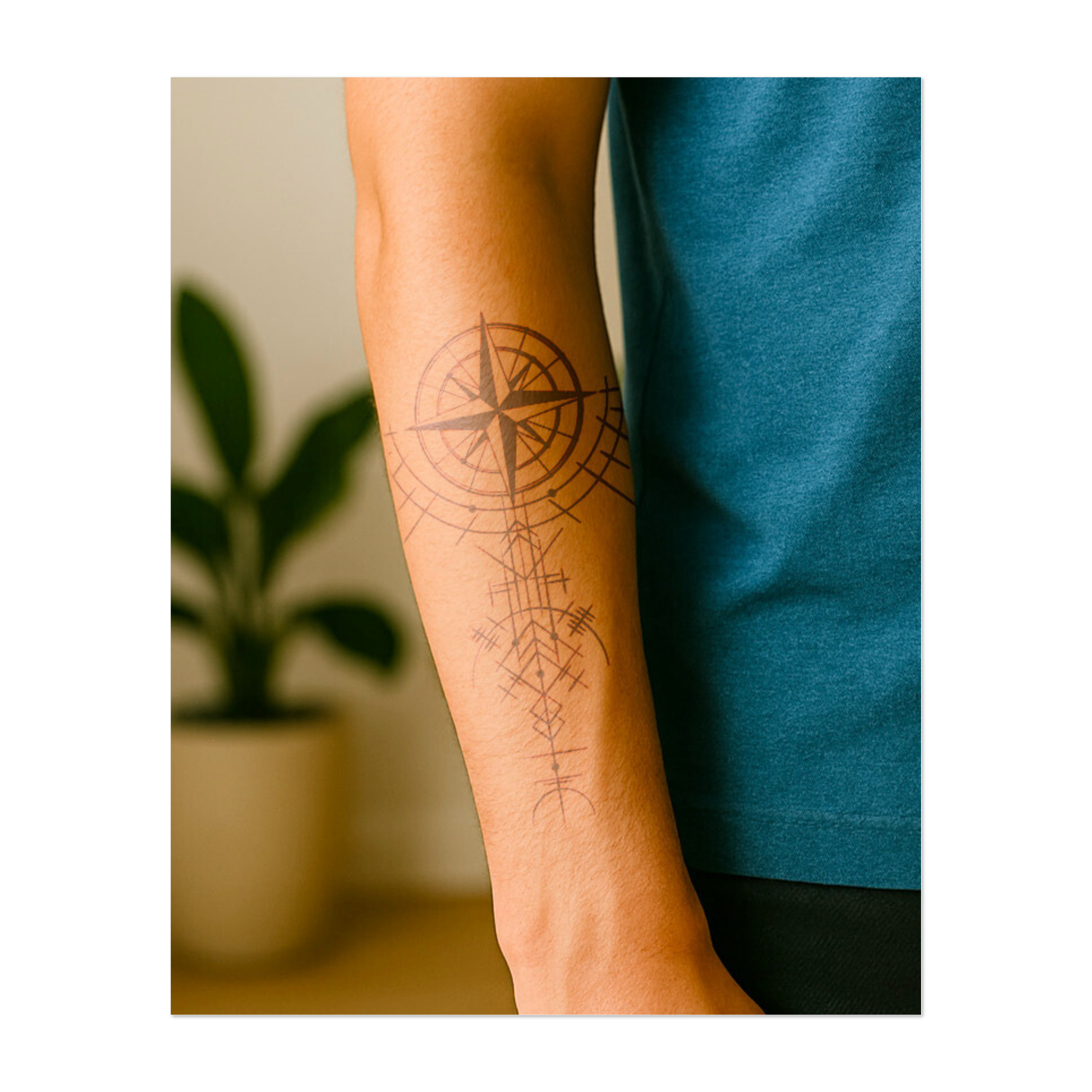 Un disegno unico e intricato che raffigura una bussola a forma di stella circondata da motivi geometrici e linee. Questo tatuaggio simboleggia la guida, la direzione e il seguire il proprio vero percorso nella vita ed è ideale per chi cerca equilibrio e chiarezza nel proprio cammino.