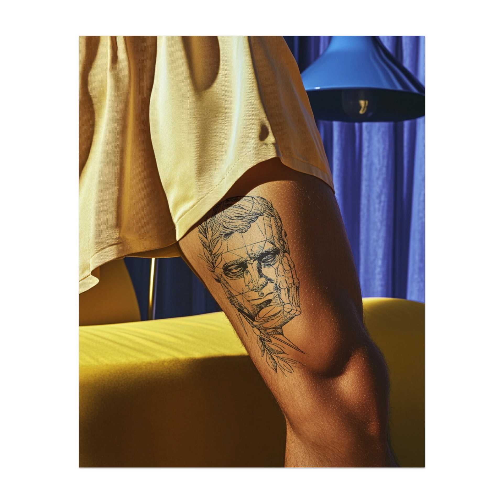 Un tatuaggio geometrico raffigurante un volto pensieroso con linee elaborate e una corona d'alloro, simbolo di saggezza, intelletto e introspezione. Questo disegno riflette l'equilibrio tra forza e vulnerabilità, perfetto per chi apprezza la riflessione profonda e la crescita personale.