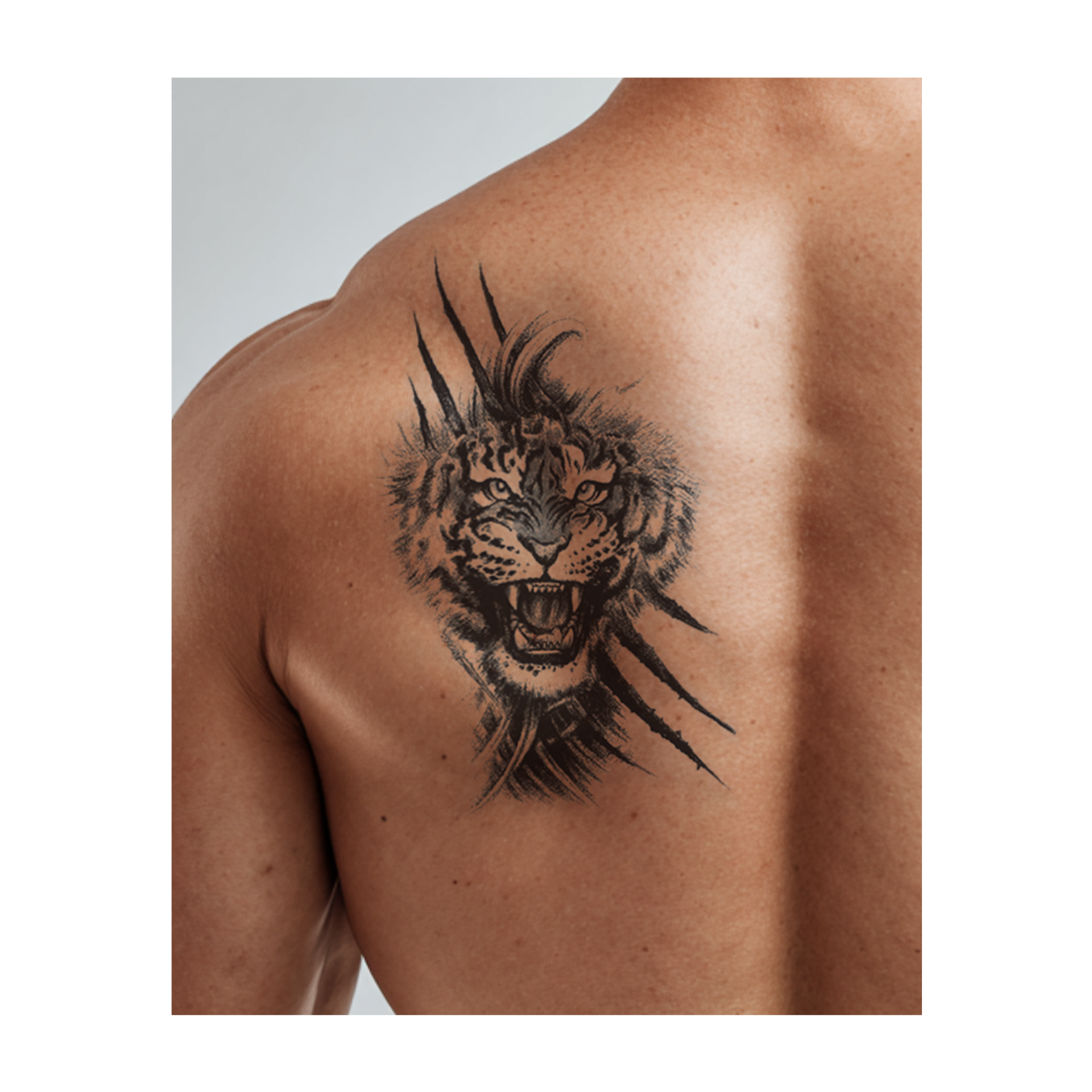 Una tigre feroce ruggisce, il suo sguardo penetrante e i suoi artigli affilati. Questo tatuaggio realistico incarna potenza, coraggio e ferocia, ricordandoti di rimanere forte e coraggioso.