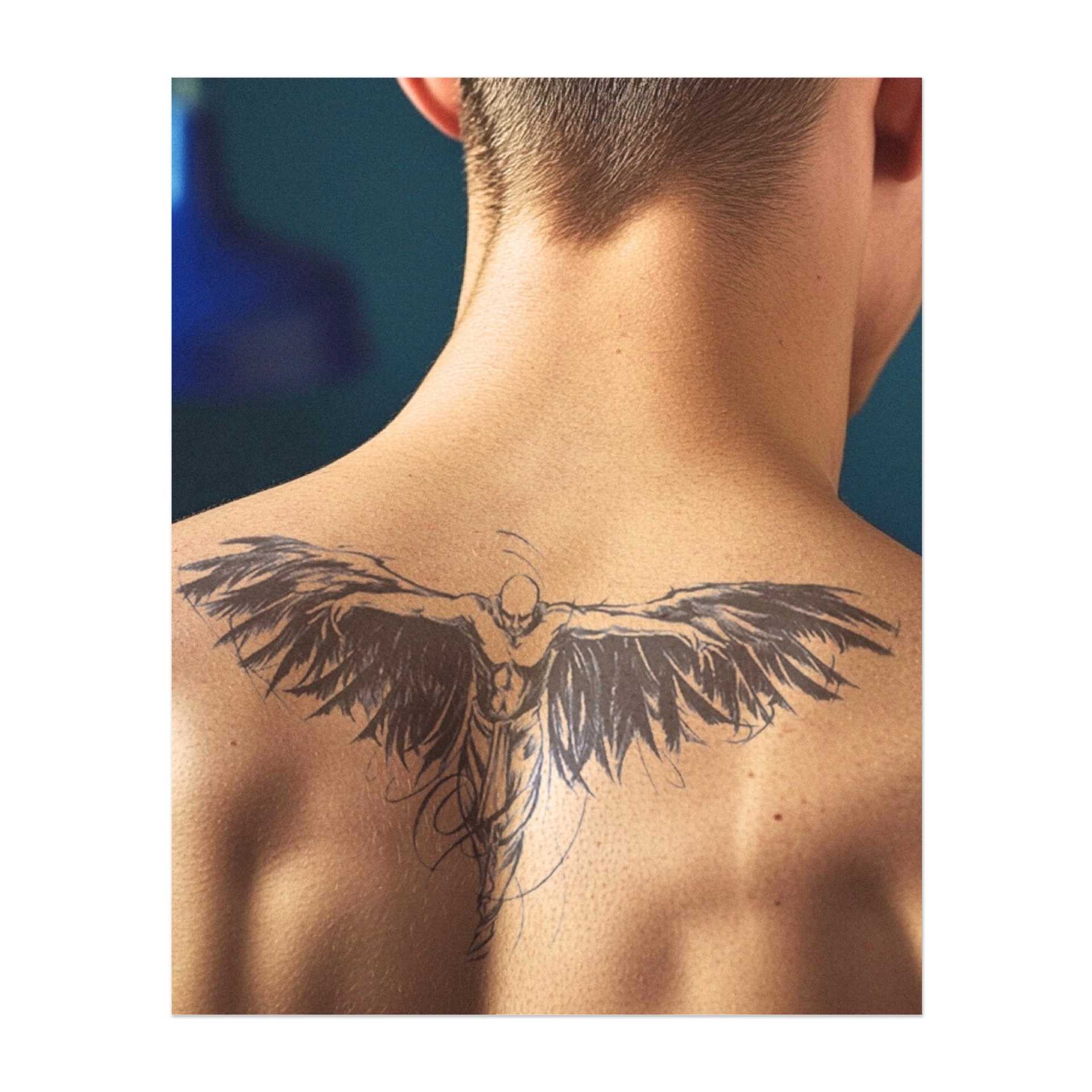 Un angelo con grandi ali fluenti spiegate, che fluttuano nell'aria. Il movimento delle ali e la silhouette trasmettono un senso di libertà e di volo. Il tatuaggio cattura la sensazione di forza, grazia e liberazione.