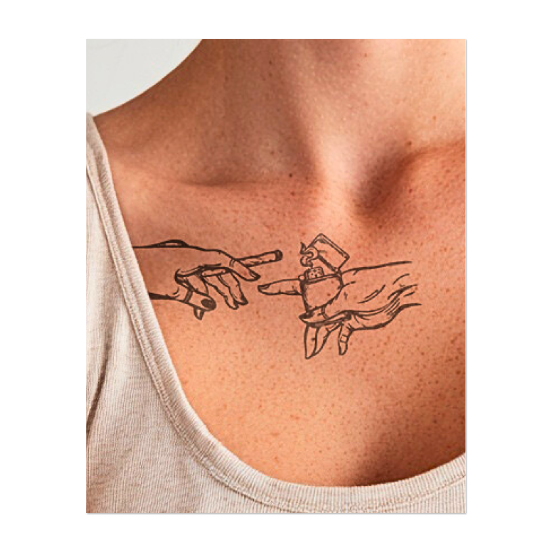 Due mani si protendono, una con una sigaretta, l'altra con un accendino acceso, incarnando un'interpretazione moderna di un classico gesto artistico. Linee pulite e semplicità audace conferiscono a questo design un aspetto elegante e all'avanguardia.