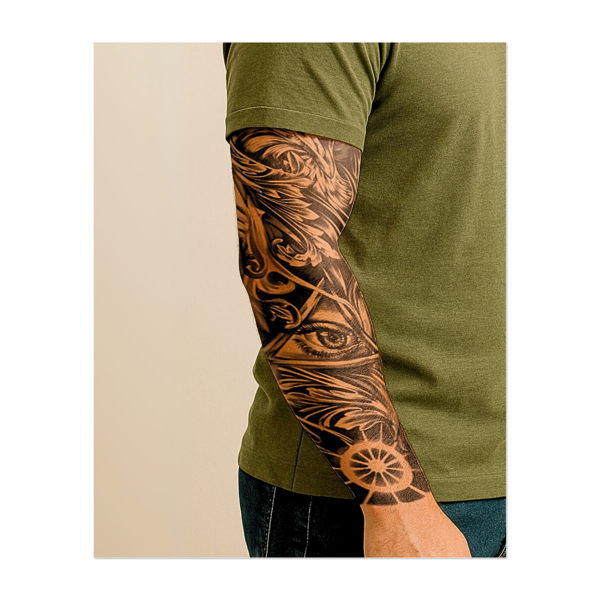 Un'aquila feroce con un penetrante occhio giallo incorona questo delicato disegno e si fonde in un occhio onniveggente, finemente realizzato all'interno di un triangolo. Sotto, piume astratte e linee radiose di energia convergono, simboleggiando potere, visione e illuminazione attraverso una maestosa vigilanza.