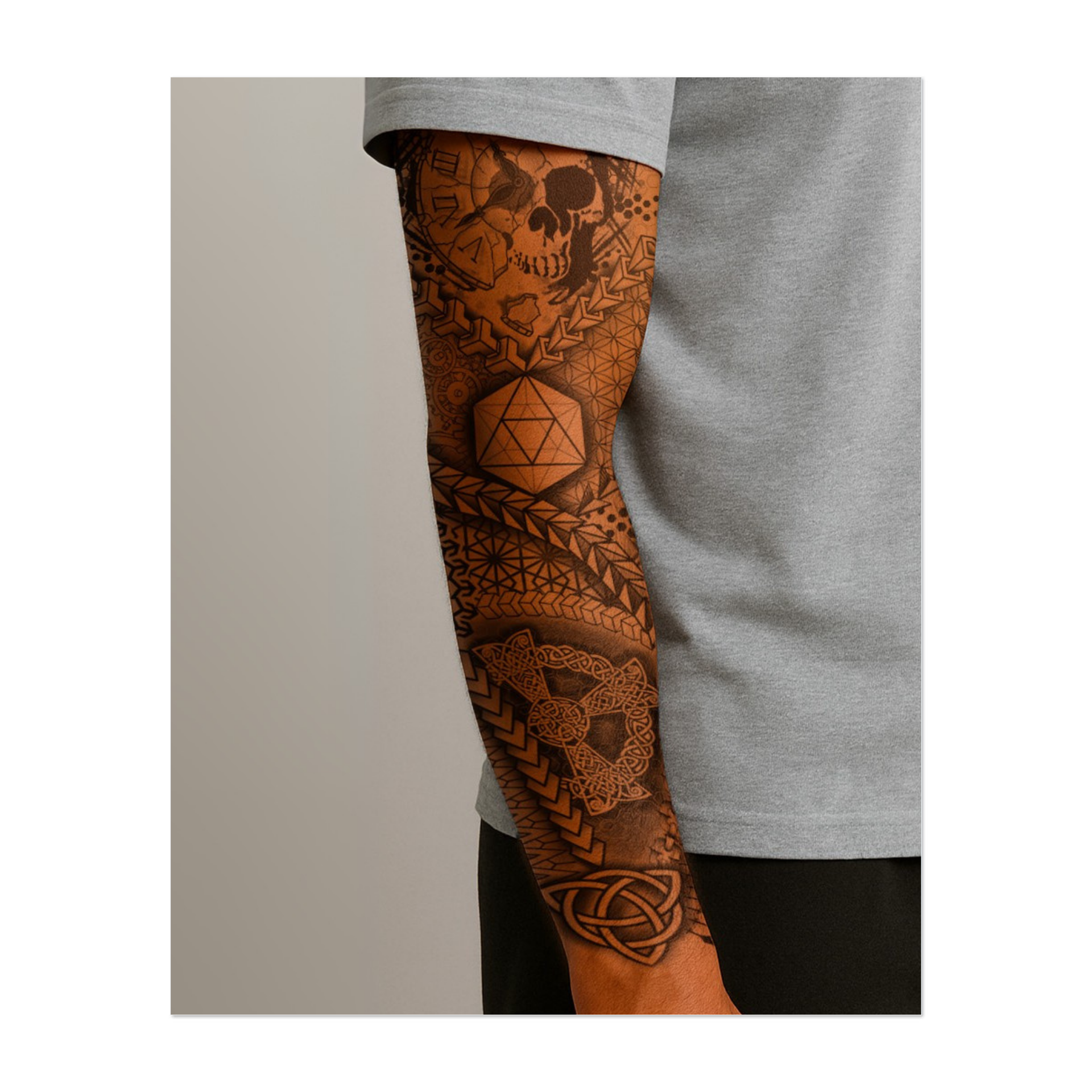 Un teschio frantumato appare tra quadranti di orologi rotti e intricati disegni geometrici che si trasformano in nodi celtici e motivi frattali. Combinando mortalità, tempo e geometria sacra, questo tatuaggio è un tributo multiforme alla fragile e materica bellezza della vita.