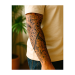 Questa manica raffigura una potente croce con il volto di una tigre, intrecciata con intricati motivi tribali e circondata da rose. Simboleggia la fede, la forza e la temibile protezione dello spirito.