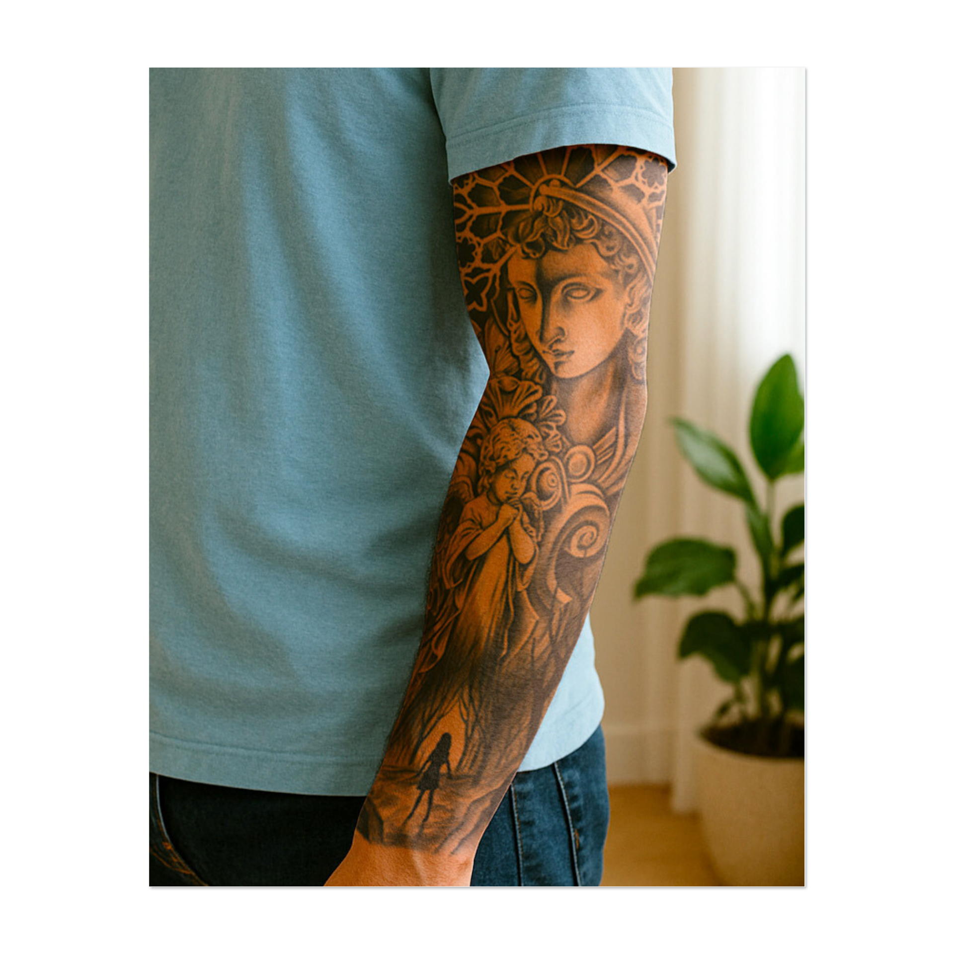 Tatuaggio dettagliato in stile realistico raffigurante una Madonna, un angelo bambino e una persona su un sentiero nel bosco oscuro. Il disegno contiene ornamenti gotici e simbolismo spirituale.