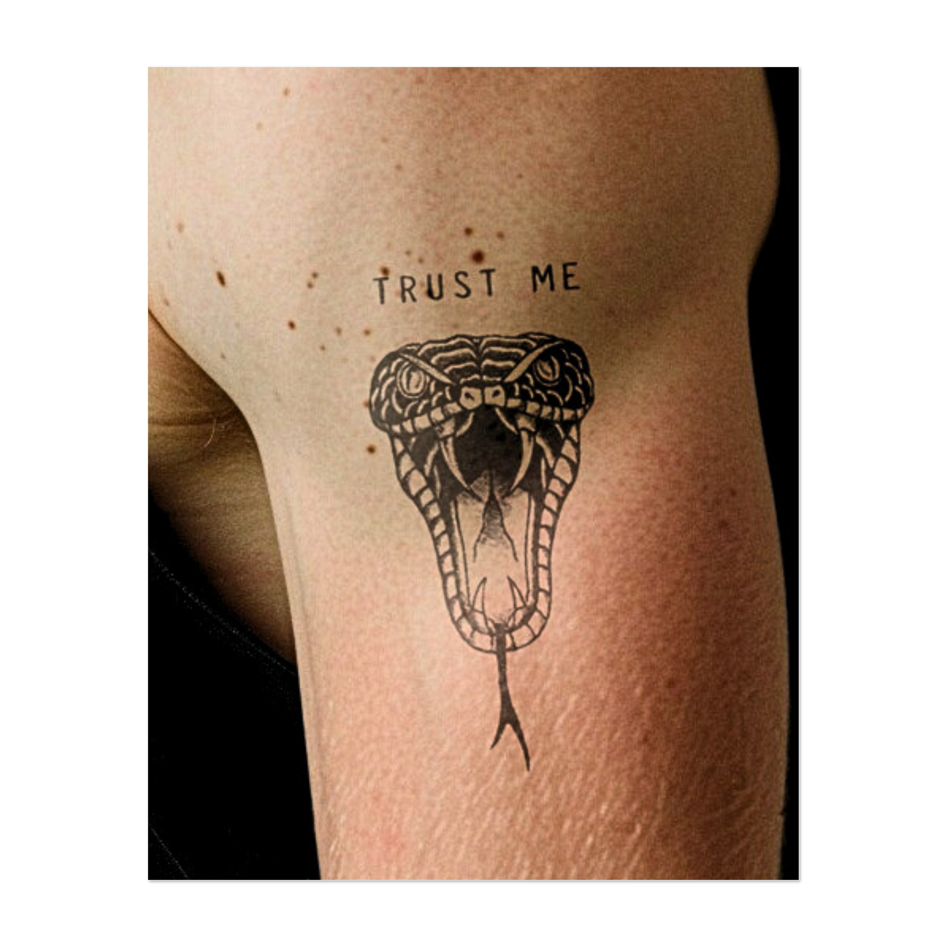 Questo sorprendente tatuaggio raffigura un serpente velenoso con i denti scoperti sotto la scritta ironica "FIDUCIA IN ME". Con il suo sguardo ipnotico e la lingua arricciata, questo disegno incarna i temi dell'inganno, del pericolo e del fascino seducente delle minacce nascoste.