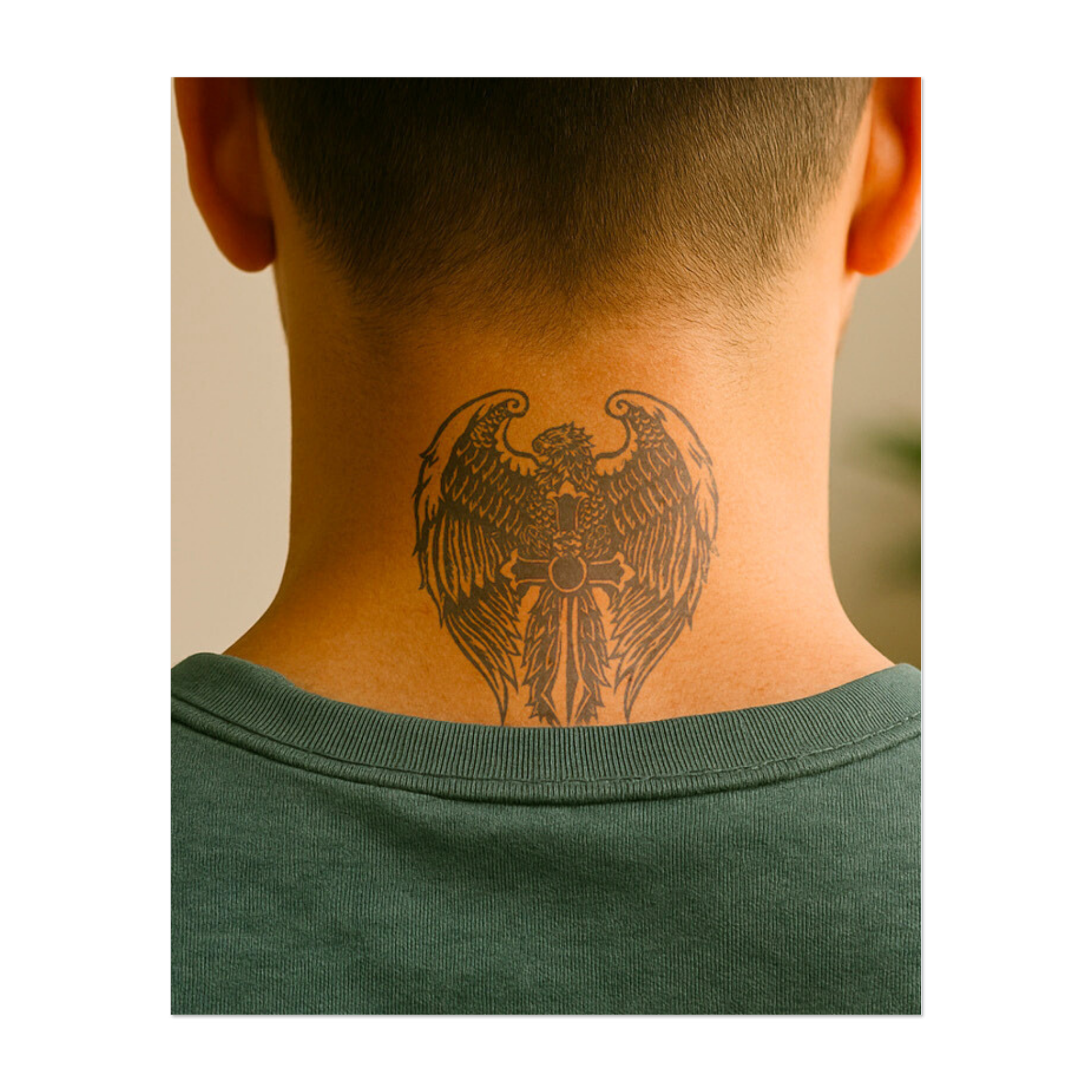 Un paio di ali maestose che circondano una croce simboleggiano protezione, forza e fede. Il disegno combina il potere divino con la libertà e rappresenta l'equilibrio tra guida spirituale e forza personale.