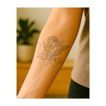 Un affascinante tatuaggio di Cupido, il dio dell'amore, pronto a colpire l'amore con arco e frecce. Un disegno perfetto per esprimere romanticismo e affetto.