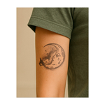 Un tatuaggio minimalista raffigurante un sole con un viso sereno e una lacrima sotto un occhio. I raggi del sole sono nitidi e dettagliati, conferendo un'atmosfera mistica. Simboleggia le emozioni, la luce e il passare del tempo.