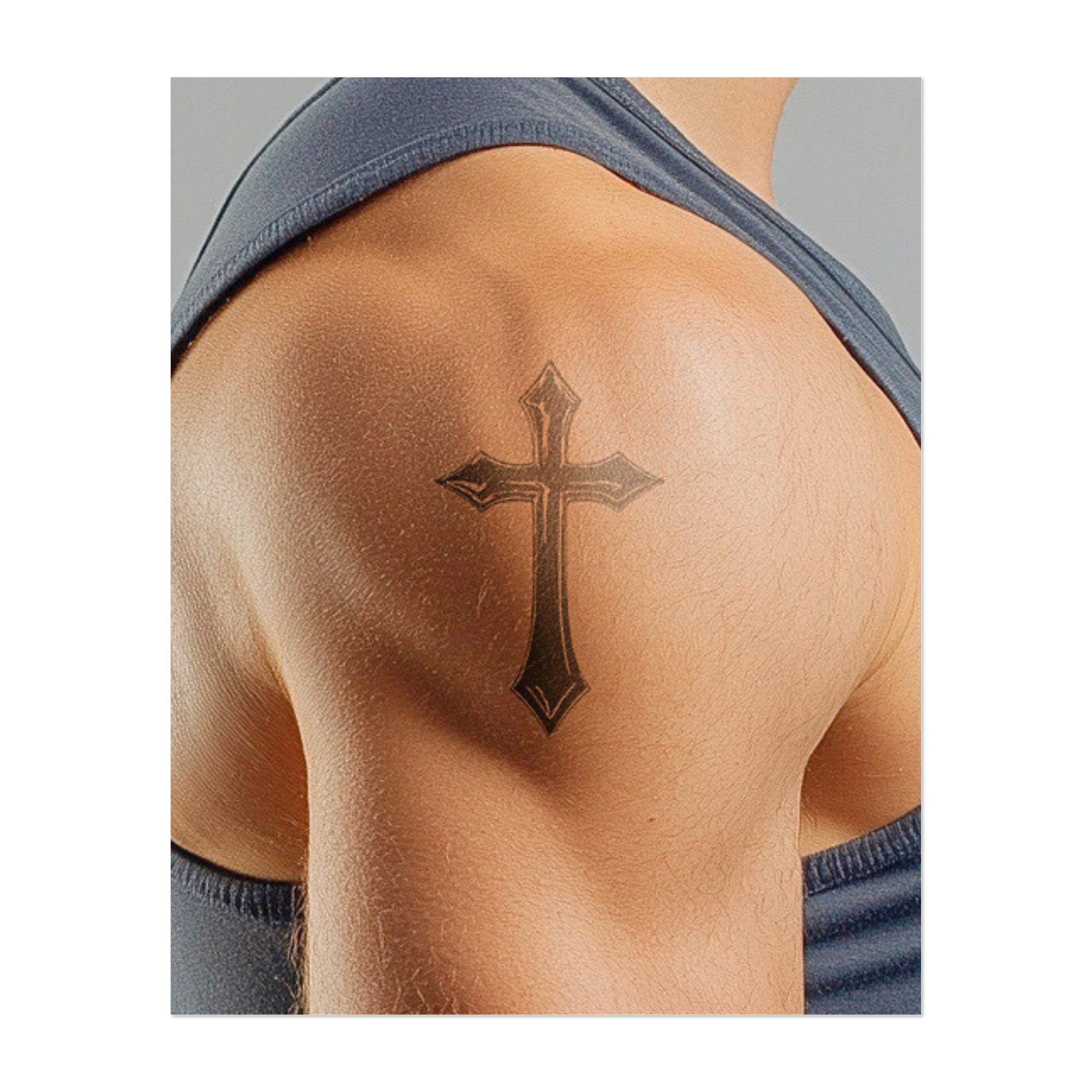 Questo sorprendente tatuaggio raffigura una croce nera stilizzata con punte svasate e sottili riflessi. Chiaro ed efficace, è un simbolo senza tempo di devozione, forza e guida spirituale, che irradia un potere silenzioso e una fede incrollabile.