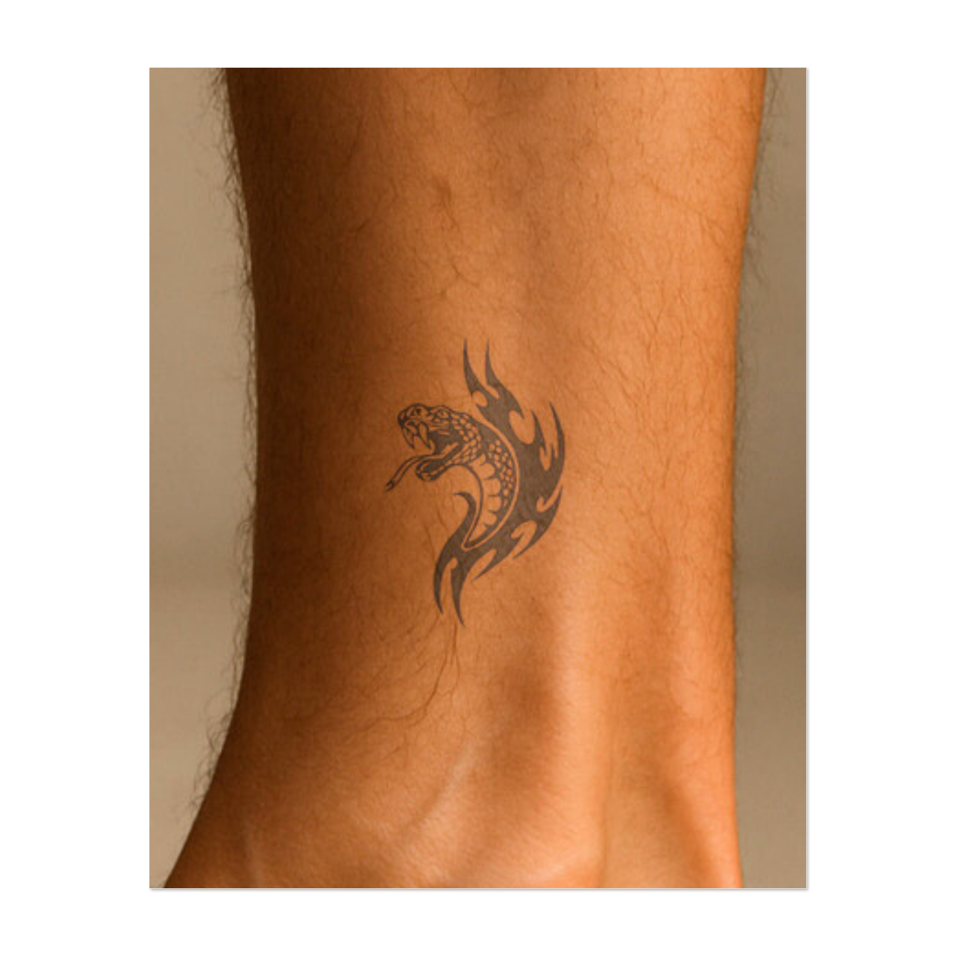 Un serpente che emerge dalle fiamme, leccandosi la lingua e mostrando i denti. Questo tatuaggio rappresenta il pericolo, la trasformazione e il potere selvaggio, perfetto per chi abbraccia la forza e l'intensità per superare gli ostacoli.