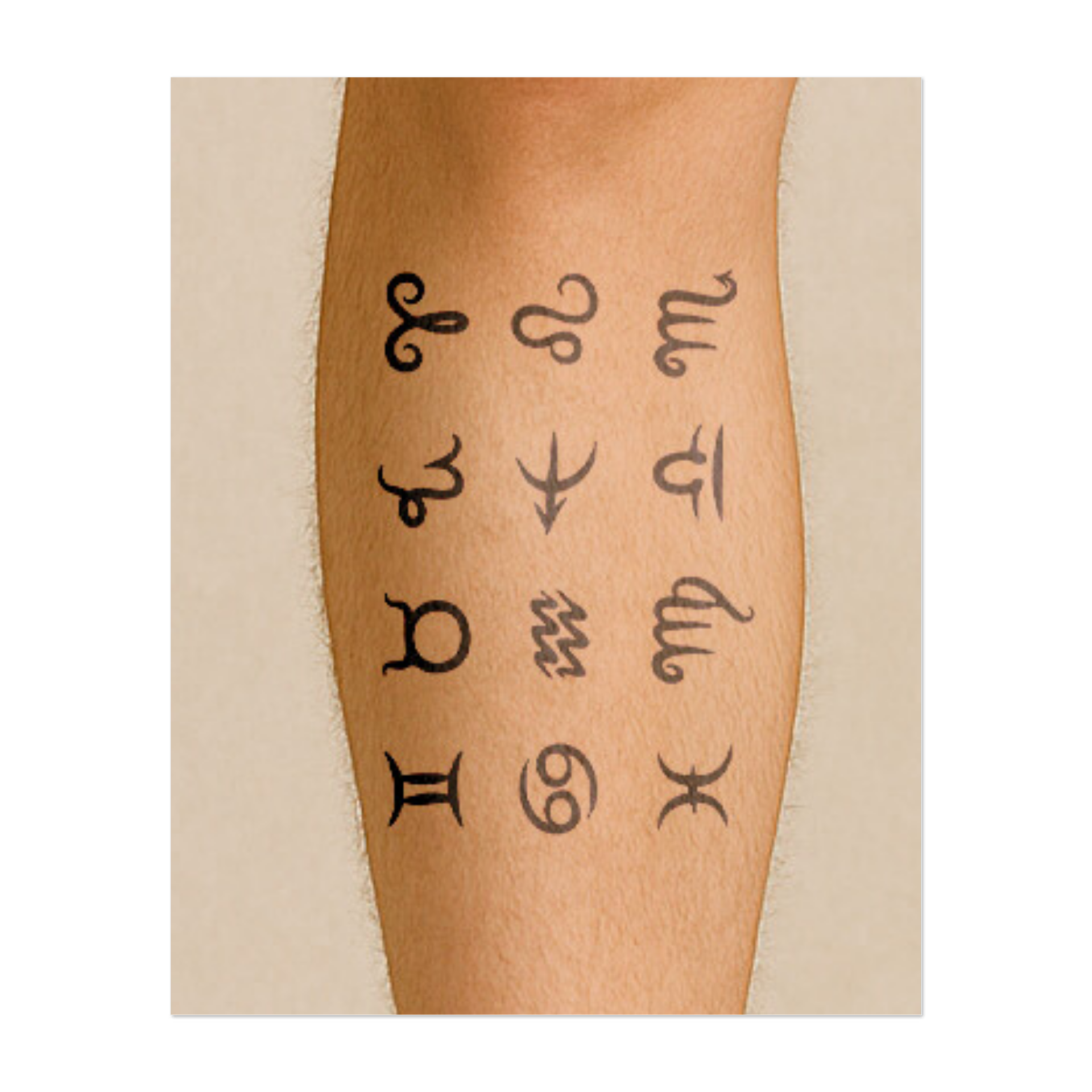 Una collezione di tatuaggi che rappresentano i 12 segni dello zodiaco: Ariete, Toro, Gemelli, Cancro, Leone, Vergine, Bilancia, Scorpione, Sagittario, Capricorno, Acquario e Pesci.