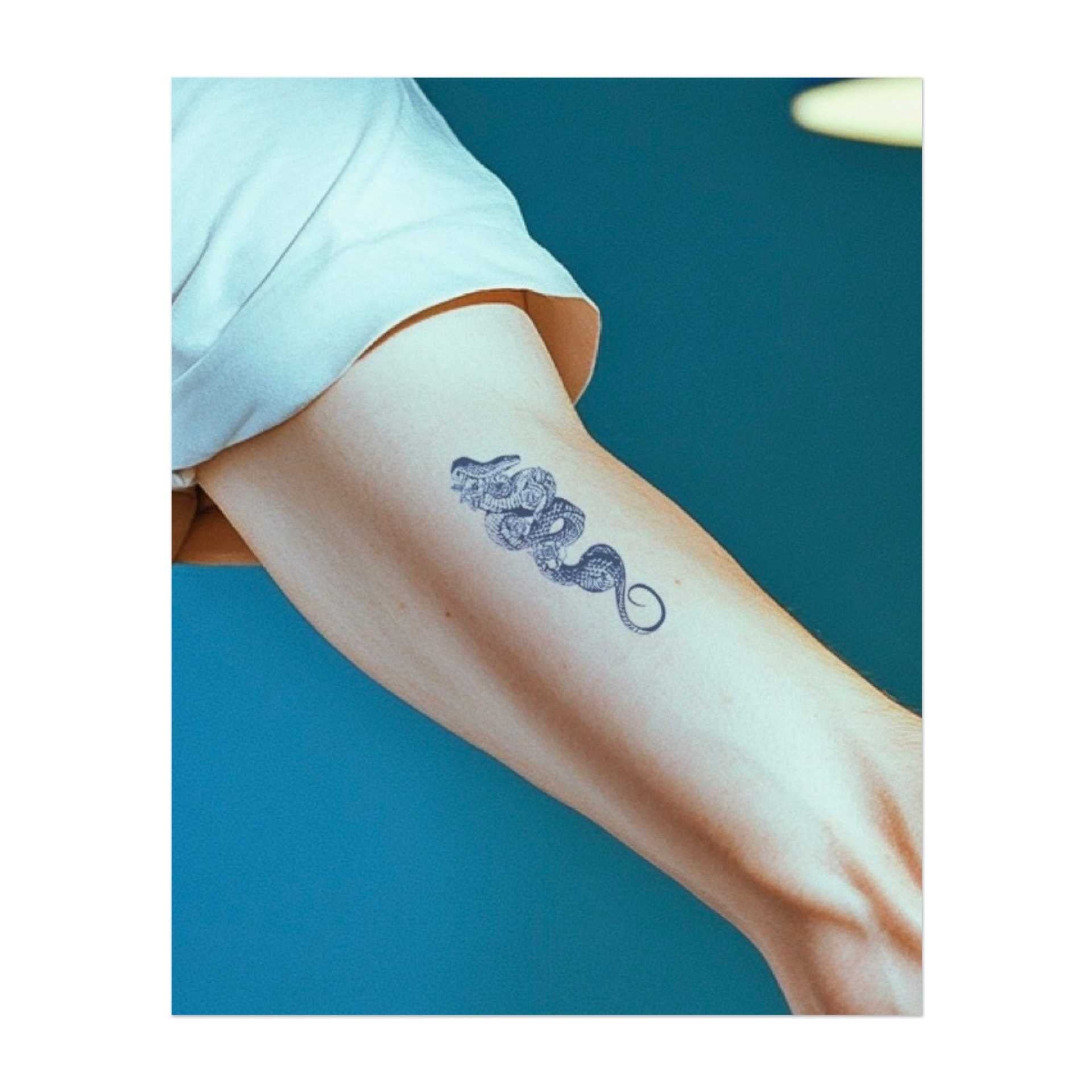 Un serpente dettagliato avvolto in spire con disegni intricati. Questo tatuaggio simboleggia saggezza, trasformazione e protezione, perfetto per chi apprezza la crescita personale e la forza attraverso il cambiamento.