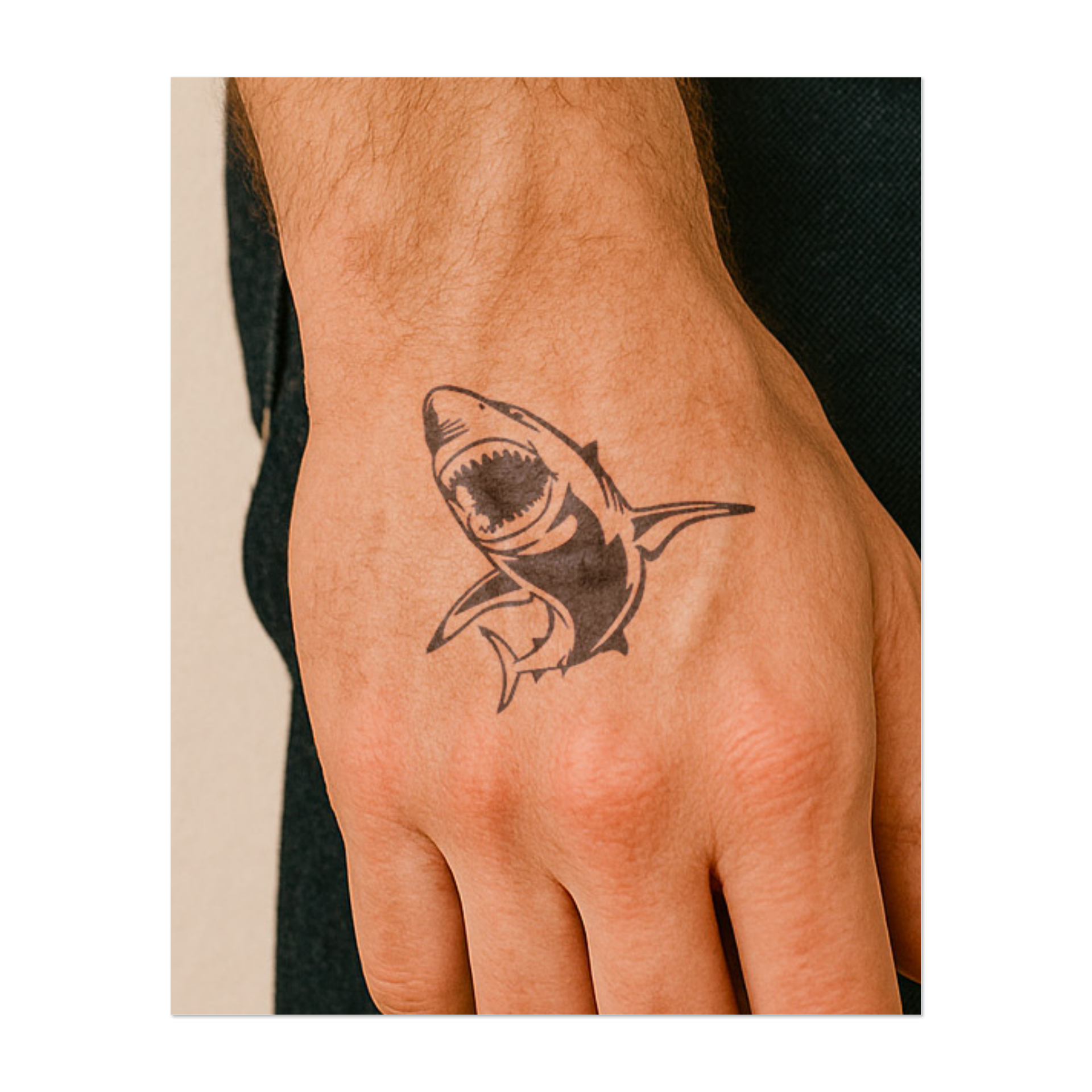 Uno squalo con la bocca spalancata e i denti visibili. Simboleggia il potere, la ferocia o il legame con l'oceano.