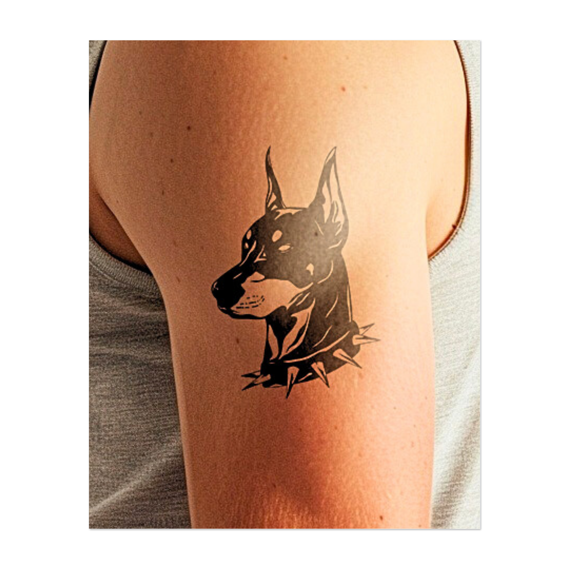 Una raffigurazione audace e ad alto contrasto di un dobermann con un collare chiodato, questo tatuaggio trasuda lealtà, vigilanza e un incrollabile spirito protettivo. Le sue linee nette e la postura eretta evocano una forza incrollabile e un vigile spirito protettivo.